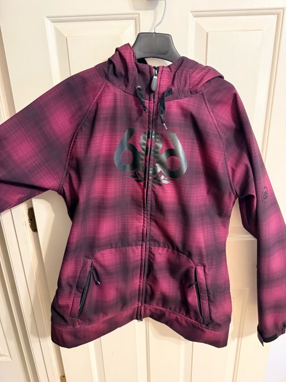 686 Women's Magenta and Black Plaid Hooded Zip Jacket